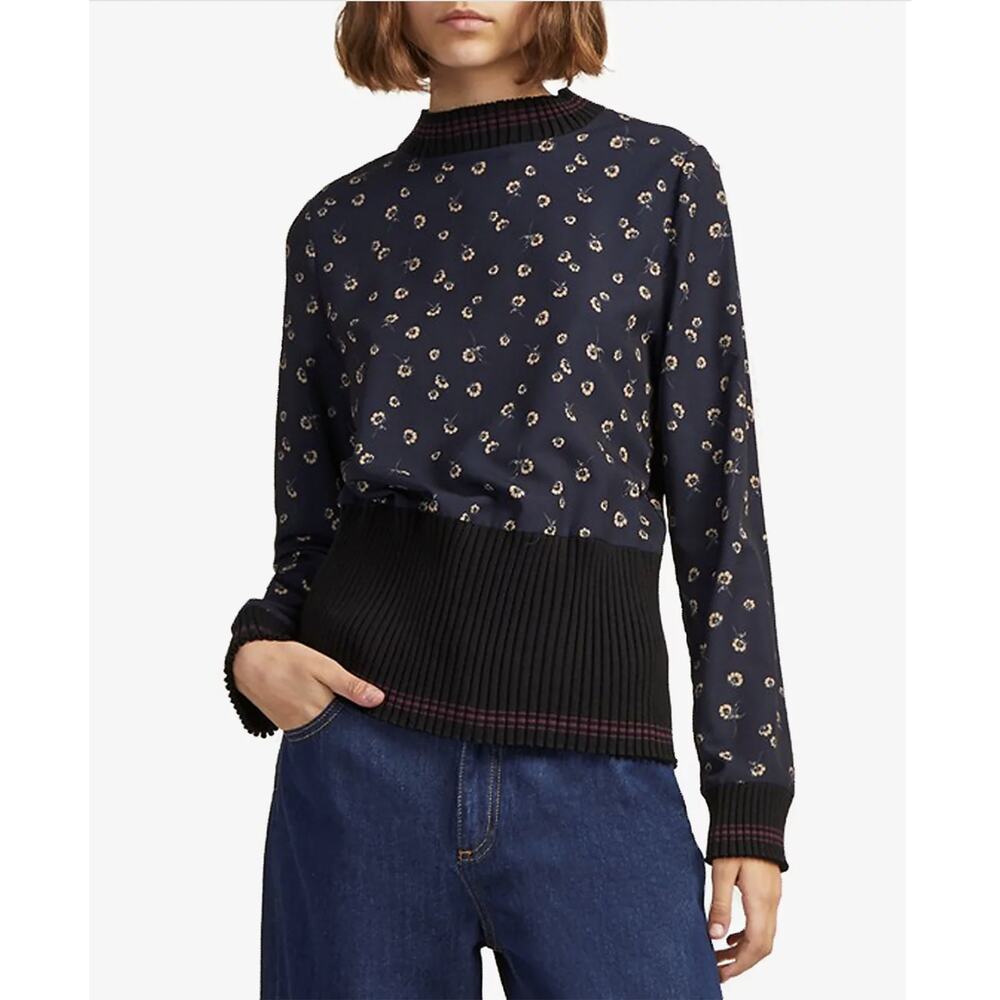 French Connection Blouse XL Blue Floral Mahi Printed Ribbed-Hem Top Turtleneck